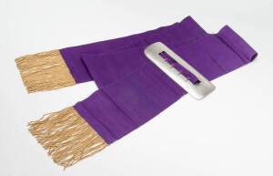 1933 Port Adelaide Guineas winner's sash, purple material, with gold braid on ends, and large metal buckle, engraved "Port Adelaide Racing Club Ltd, Port adelaide Guineas 1933, Won by Mr F.G.Scarfe's b.c. 3 years "Yultewirra".