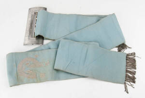 SASHES: 1948 S.A.Derby winner's sash, light blue material, with silver braid on ends, and large metal buckle, engraved "S.A.Derby 1948, Rider S.J.Dodd, Trainer J.A.Hawthorn, Won by Mrs V.M.Hoffman's b.f. Idle Banter, Time 2:36"". Also 1972 S.A.T.C. Sires 