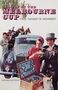 c1960s Melbourne Cup poster, "See You At The Melbourne Cup, First Tuesday in November, Victoria/Australia", showing couple with Rolls Royce, linen-backed, size 64x98cm.