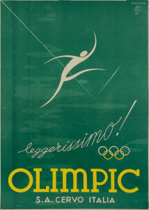 1937 Italian hat advertising poster, "Leggerissimo! (Olympic Rings) OLIMPIC, S.A.Cervo Italia", designed by Studio  Boggeri, linen-backed, size 71x99cm.