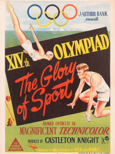 1948 LONDON OLYMPICS: Movie poster, "J.Arthur Rank presents, XIVth OLYMPIAD, The glory of Sport. Filmed entirely in magnificent Technicolour. Produced by Castleton Knight. Specially Flown to australia by QEA and BOAC", printed by W.E.Smith Ltd, Sydney, li