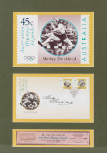 AUSTRALIAN OLYMPIC LEGENDS, part set of Australia Post displays [3/6], with FDCs signed by Murray Rose, Shirley Strickland & Marjorie Jackson, all framed & glazed.