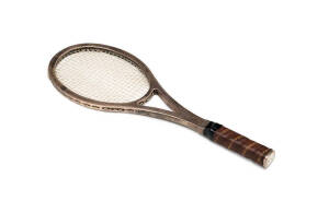 SILVER TENNIS RACQET: Attractive mini tennis racquet, 29cm long, European silver with hall mark on base, "Dunlop" grip.