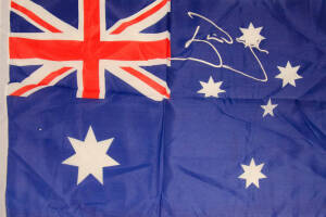 2006 ASHES TEAM: Australian Flag with 12 signatures including Ricky Ponting, Adam Gilchrist & Michael Clarke; also smaller flags (5) with signatures of Steve Waugh, Ricky Ponting or Matthew Hayden.