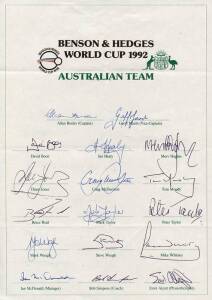 1992 Australian Team to World Cup, official team sheet with 17 signatures including Allan Border (captain), Geoff Marsh, Craig McDermott, Steve Waugh & Dean Jones. Plus 1992 West Indies team to World Cup, team sheet with 16 signatures including Brian Lara